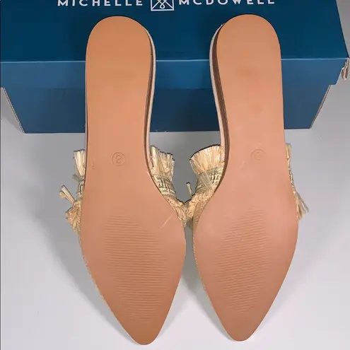 Michelle McDowell Carmen Natural Tan Woven Raffia Gold Mules Slip On Fringe 8
