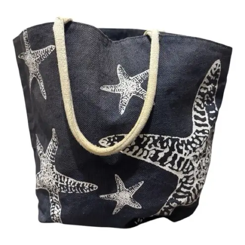Navy Jute Starfish Beach Tote Bag Rope Handles Coastal Summer Travel Blue