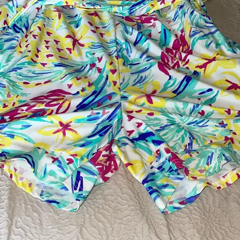 Aryeh Womens Tropical Ruffle Trim Tie Belt Stretch Romper Multicolor Medium