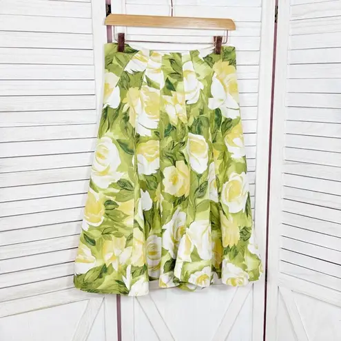 Premise Floral Roses Linen Blend A Line Flare Midi Skirt Lime Green Yellow 4