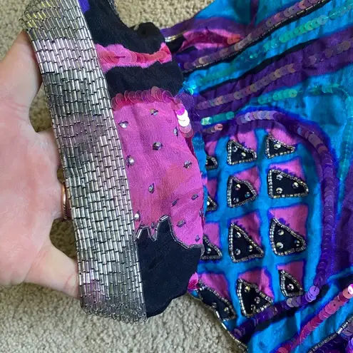 Authentic Vintage Lillie Rubin silk sequin beaded geometric abstract blouse 1980 Purple