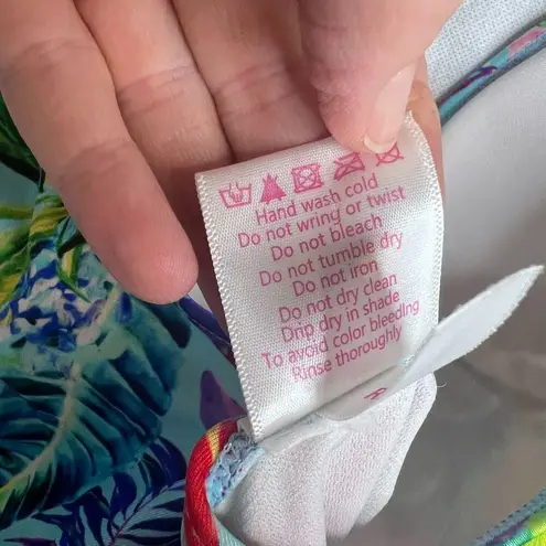 Stylish Swimwear Triangle Top Tie Side Tropical Pattern Deep V Swimsuit Sz LG Blue