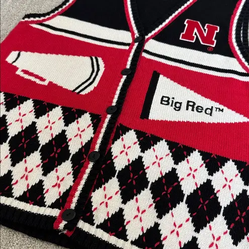 Vintage Nebraska Football Cornhuskers Sweater Vest argyle black white red button Size M