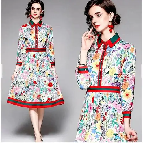 NEW Dalia Macphee Floral Pleated Fit Flare Midi 50s Dress Small Retro Rockabilly Red