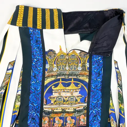 Just Cavalli Womens M Silk Skirt Oriental Asian Pagoda Box Pleat Flap Blue Gold