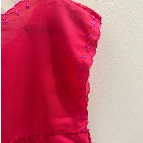 None Vintage Handmade Hot Pink Embroidered Floral Mexican House Dress Boho Cottage