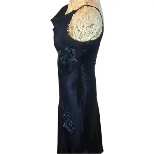 Alex Evenings Y2K navy beaded slip cowl neck floral satin formal Gown small