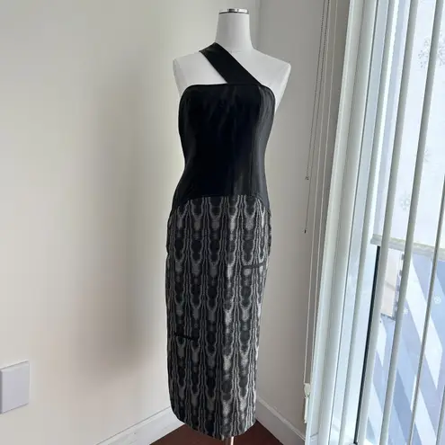 Vintage Leather Wool Dress 40 Black Asymmetric Shoulder Column Art Avant Garde