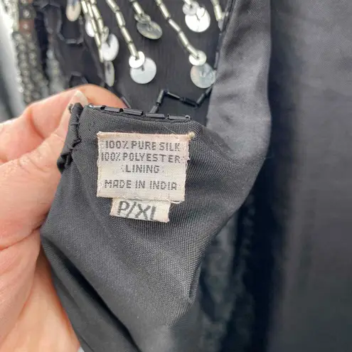 Scala Vintage Festive Dress Whimsigoth Fairy XL Black Silver Silk Sequined Beads