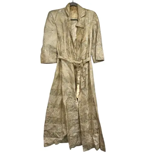 Vintage Handmade Brocade Duster Robe Gold Metallic Jacquard Belted Long Coat M Size M