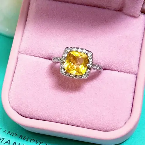 14kt White Gold 2+ Carat Cushion Cut Diamond Halo Citrine Ring Silver Size 6