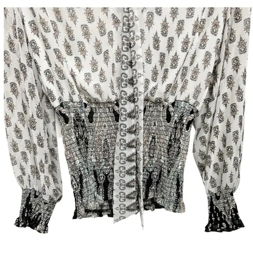 Analili Boho Print Smocked Blouse Size Small – Tie Neck & Flowy Sleeves