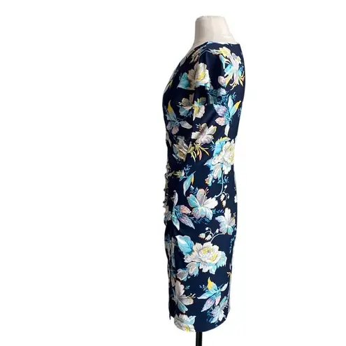 Catherine Malandrino Faux Wrap Dress Womens Sz 8 Navy Floral Stretch Jersey