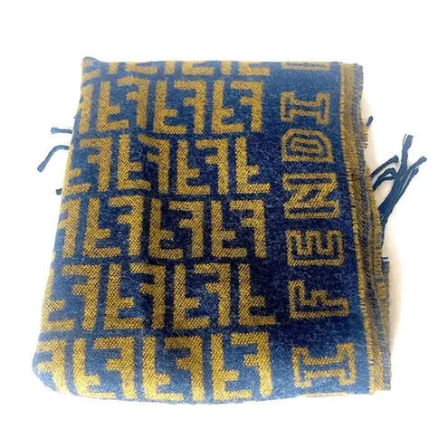 Fendi  Navy Blue Tan Wool Silk Scarf with Decorative Tassels thumbnail 5