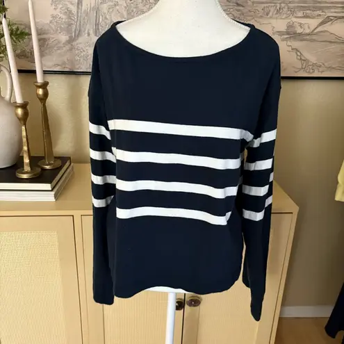 FAHERTY Cotton Sport Jersey Tee Strriped Navy White Size Medium Flared Sleeve Blue