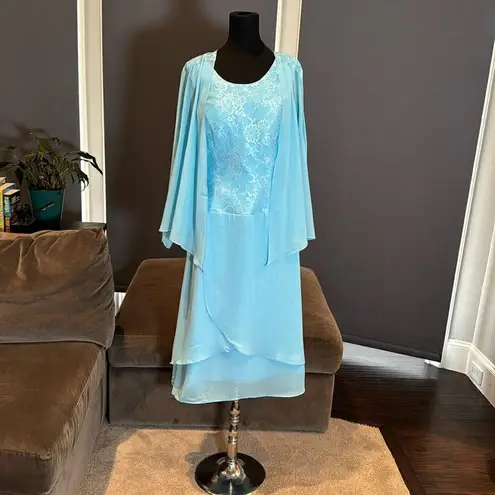 Womens Blue Chiffon Formal Dress Floral Lace Detail Matching Jacket Size 14 NWOT