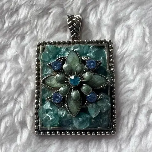 Vintage Blue  Floral Square Stone Pendant Jewelry y2k