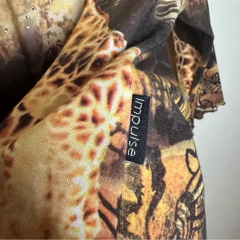 Impulse California Giraffe Lettuce Trim Long Sleeve Top Savanna Wildlife Animals Brown Size 2X