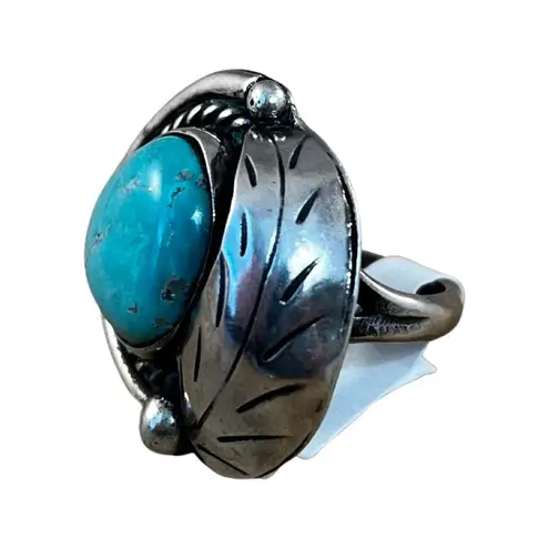 Vintage Blue  Turquoise Leaf Ring, Sterling Silver Native American Ring Sz 4.5