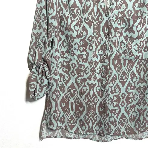 BKE Buckle Mint Green & Brown Boho Printed Semi-sheer Blouse