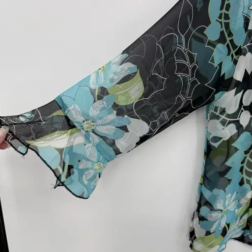 Cove Collections Black & Blue Floral Ruffle Sheer Blouse Y2k Retro Size Medium