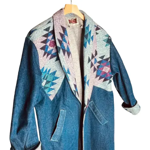 Warm Springs Clothing Co | Denim Aztec Southwestern Trench Coat Size L | EUC Blue Size L