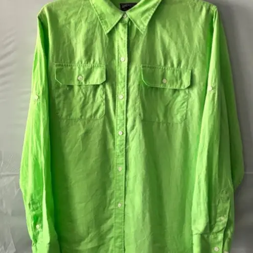 American Living L Long Sleeve Shirt Button Lime Green Linen Utility Bright Work