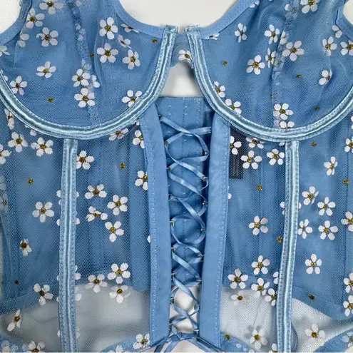 Body Rage Blue Mesh Corset Top White Daisies Sz Small Petite Y2K Coquette Fairy