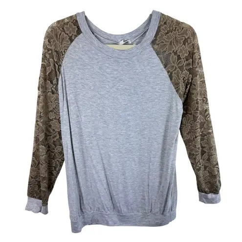 Egy Gray Raglan Stretchy Long Tan Lace Sleeve Rayon Top Made In USA Size M Size M