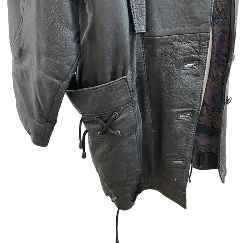 Vintage Longline Leather Jacket/Coat In Black Pirate Grunge Unisex Style Size L