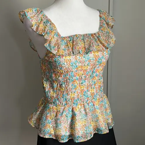 LC Lauren Conrad New Lauren Conrad Woman’s Floral Summertime Smocked Sleeveless Ruffle Blouse