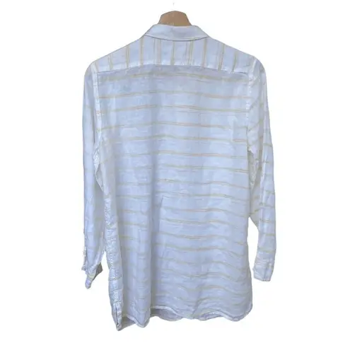 Garnet Hill Women's Petite M Striped Linen Blouse Multicolor Long Sleeve