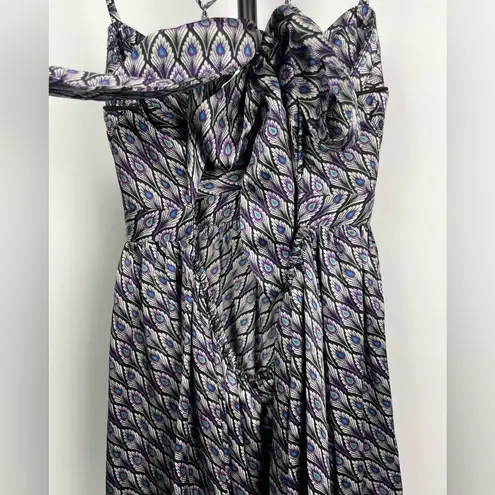 Anne Leman Black Purple Peacock Feather Print Strappy 100% Silk Flowy Dress Size 2