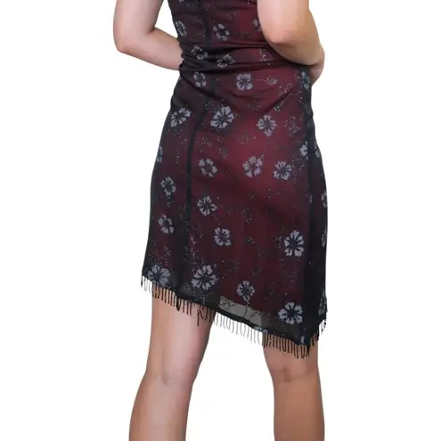 Vintage 90s Candy Rocket Floral Fringe Mini Dress Black Size XS