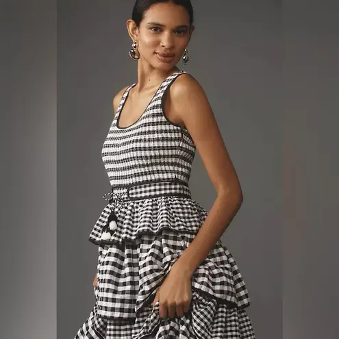 Hunter Bell Andrea Dress Black White Gingham Tiered Midi Size 4