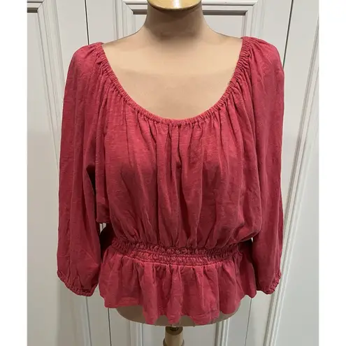 Marine layer Christiana Knit Long Sleeve Shirred Cotton Top Berry Peplum Peasant