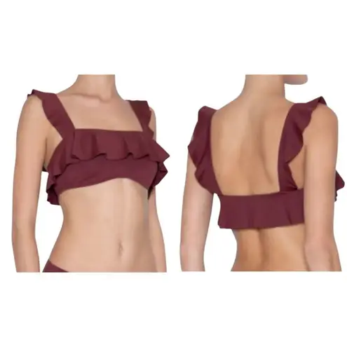 Eberjay Eberjey Jane Solid Port Ruffle Sleeve Bikini Top Swimsuit Burgundy Red Large