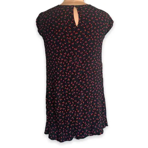 Popsugar  Dress Black Mini Cherry Fruit Print Ruffle Hem Cap Sleeves Open Back