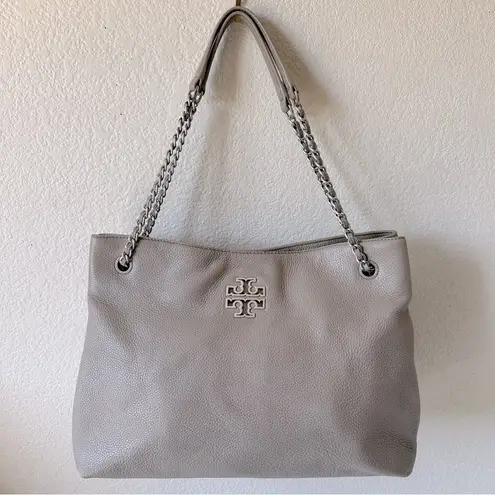 Tory Burch  Leather Britten Triple Compartment Tote Bag Purse in Bone Grey