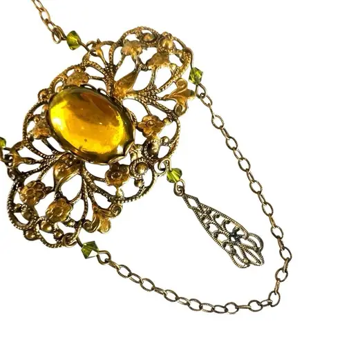 Vintage Czech Brass Filigree Necklace with Yellow Glass Cabochon & Chain Drop
