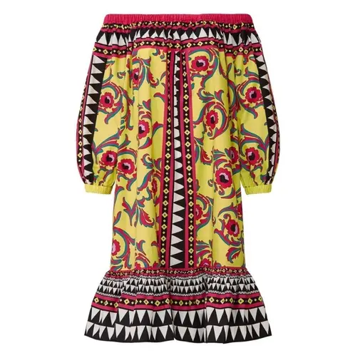 La DoubleJ Paloma short cotton trapeze dress in Cartwheel Giallo geometric print Yellow Size XL