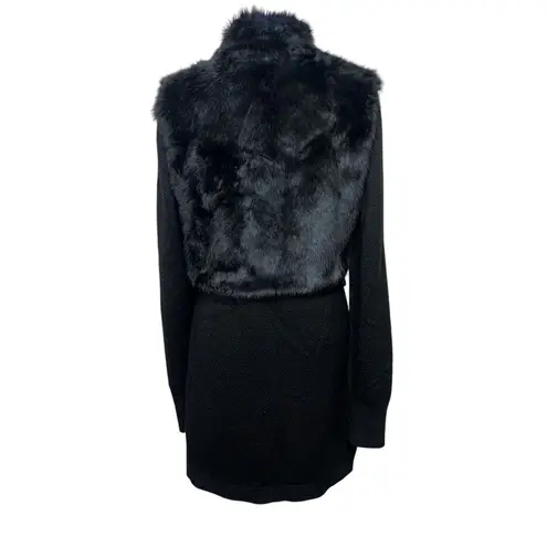 Tahari Wool Faux Fur Full Snap Long Black Mixed Media Sweater Shacket Size Small
