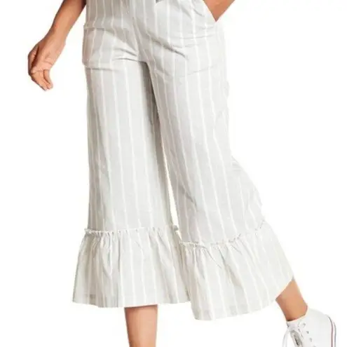 English Factory Gray Striped Ruffle Cropped Bell Bottom Linen Pants - XS