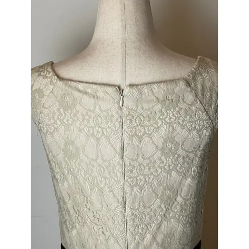 Maggy London Ivory And Black Lace Overlay Cap Sleeve Sheath Peplum Dress Size 6