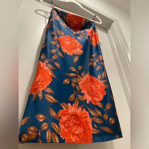 Cantonwalker Navy & Red Floral Cowl Neck Sleeveless Satin Slip Mini Dress