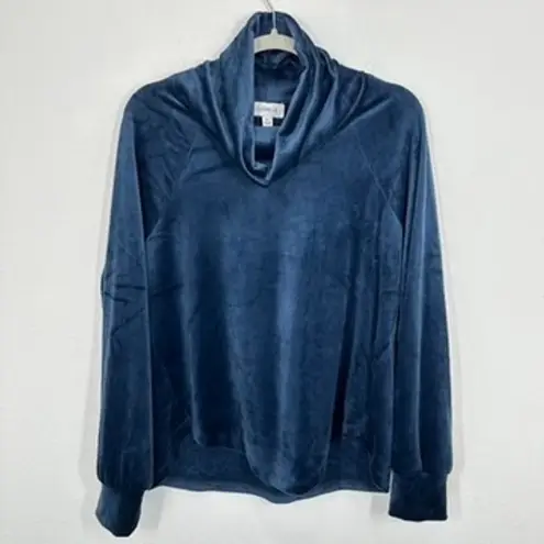 Evereve Size Medium Blue Velour Cowl Neck Long Sleeve Pullover Top Cozy Holiday