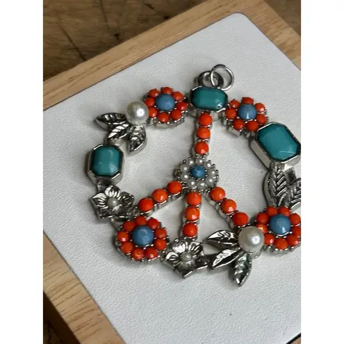 Metallic Floral Peace Sign Pendant With Orange & Turquoise Beads Faux Pearls & S Silver