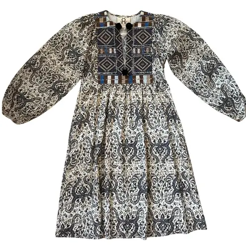 FIGUE Boho Baltic Embroidered Pom Pom Lucie Mini Puff Sleeves Dress Size XS Brown