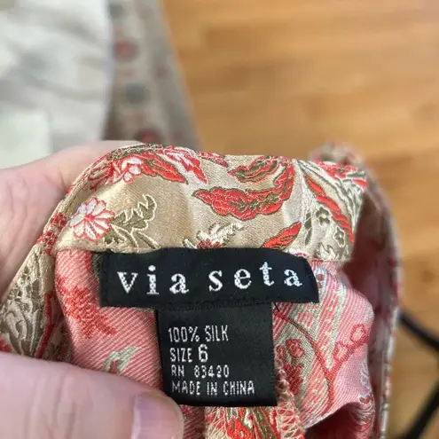 Vintage Via Seta Champagne Gold & Coral Pink Paisley Silk Ankle Pants Size 6