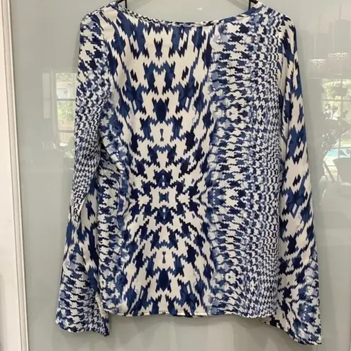 CARAMELA Women's White Blue Geometric Pattern Long Sleeve Blouse Dress Top Sz S